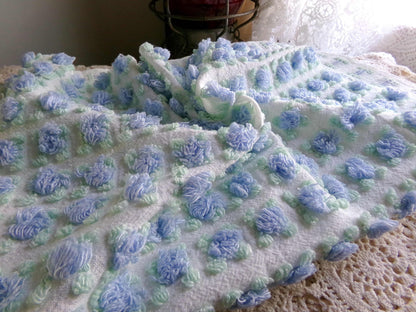 Heavenly Blue Rosebud Vintage Chenille Fabric, Morgan Jones Rose Design, 24" x 18" inch Piece, Angelic Raised Roses on White