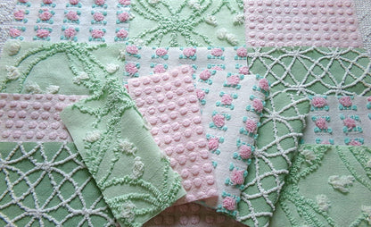 secret garden chenille fabric squares, 16 vintage 6" quilt blocks in pink & green, for sewing, crafts, fiber arts