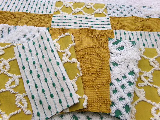 Energetic Vintage Chenille Squares - Set of 16 - Unique Green, Gold & White Colors - 6" Fabric Quilt Blocks
