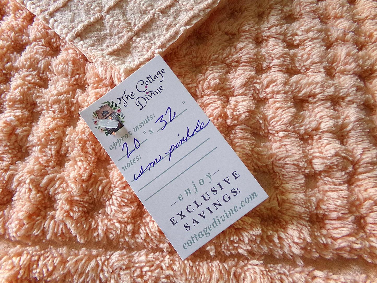 Plush Peach Glow Chenille Material, 20" x 32" inch Vintage Fabric Piece, Thickly Tufted Waffle Grid & Geometric Flower Petals