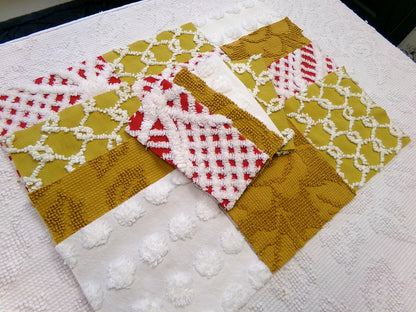 Vintage Chenille Fabric Squares - Set of 16 - Sporty Gold, White & Red - 6" Quilt Blocks