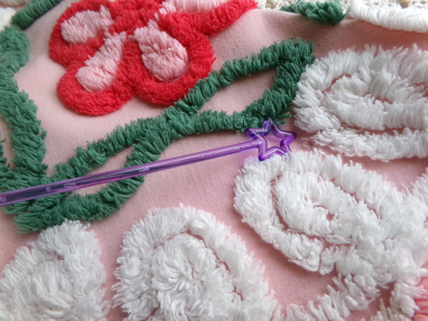 beautiful shabby pink vintage chenille fabric, frosted wedding cake design with rose flower, 20" x 31" inch piece of sewing material