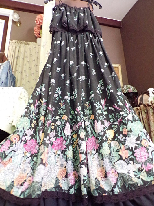 Vintage Wildflower Black Prairie Dress, Maxi Gown Tie Strap Tiered Sundress, Candi Jones California, Boho Style, Jr Size 13