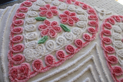 Pink Rose Candy Hearts Vintage Chenille Fabric, 27" x 42" Inch LARGE Piece, Cute Floral Trios on White Cotton, Great for Quilting & Pillows