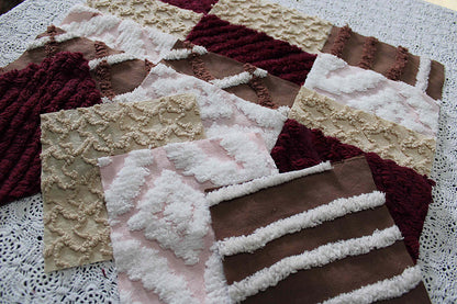 chocolate raspberry chenille fabric squares, 16 vintage quilt blocks, 6" x 6" inches ea, great shades of brown, merlot, mocha, white