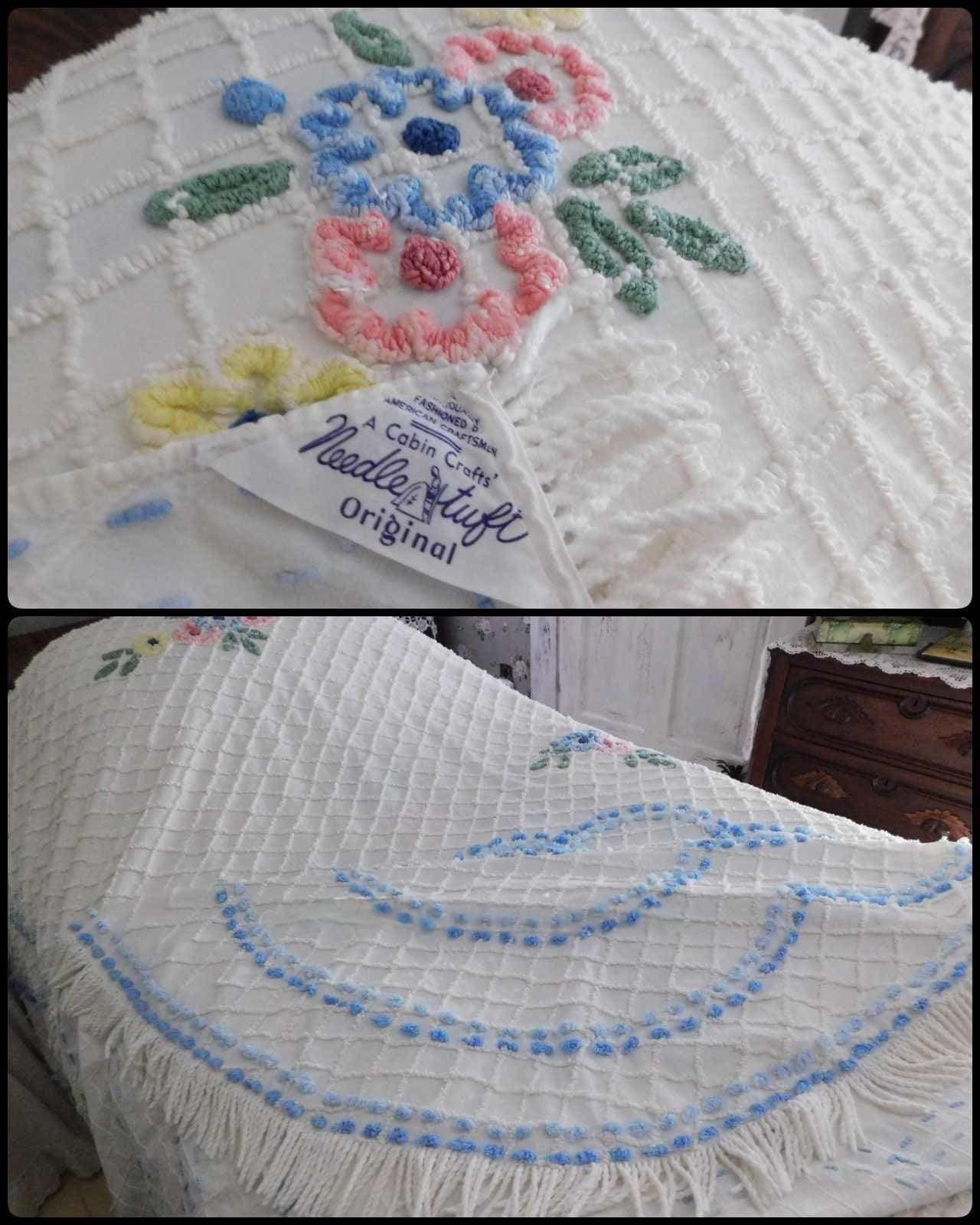 cottage classic vintage chenille bedspread, springtime flowers on white with fringe trim, full size cotton bedding