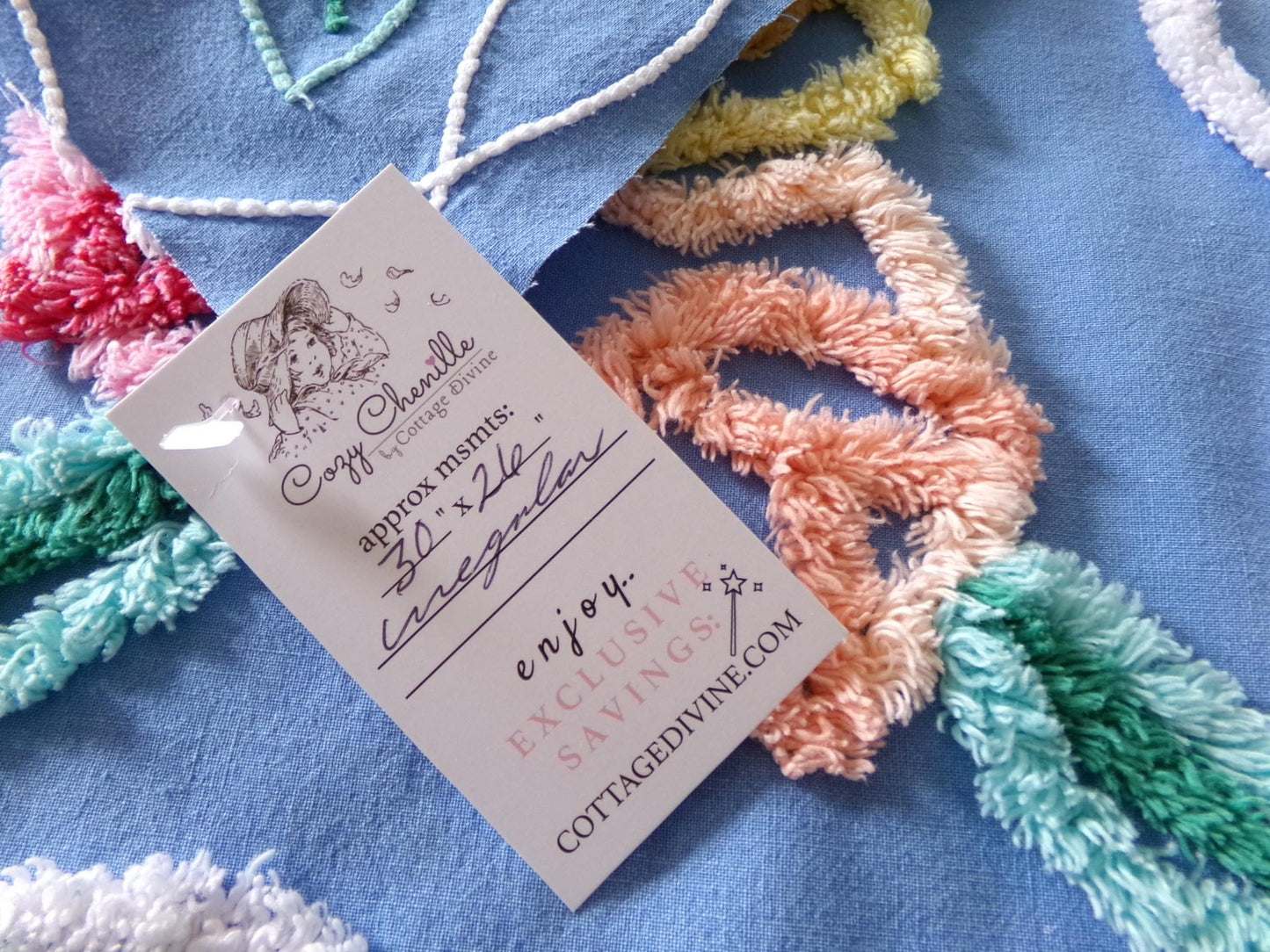 Seaside Summer Florals Blue Vintage Chenille Fabric, Pretty 30" x 26" inch piece