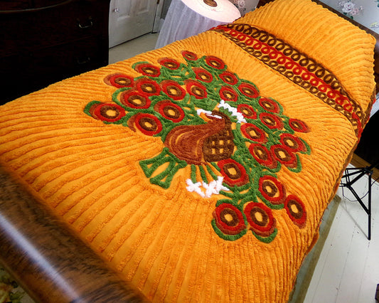Luxury Peacock Vintage Chenille Bedspread, Tango Orange Exotic Bird Design, Full Size Boxed & Fitted Style w/ Skirt, NOS Original Tag