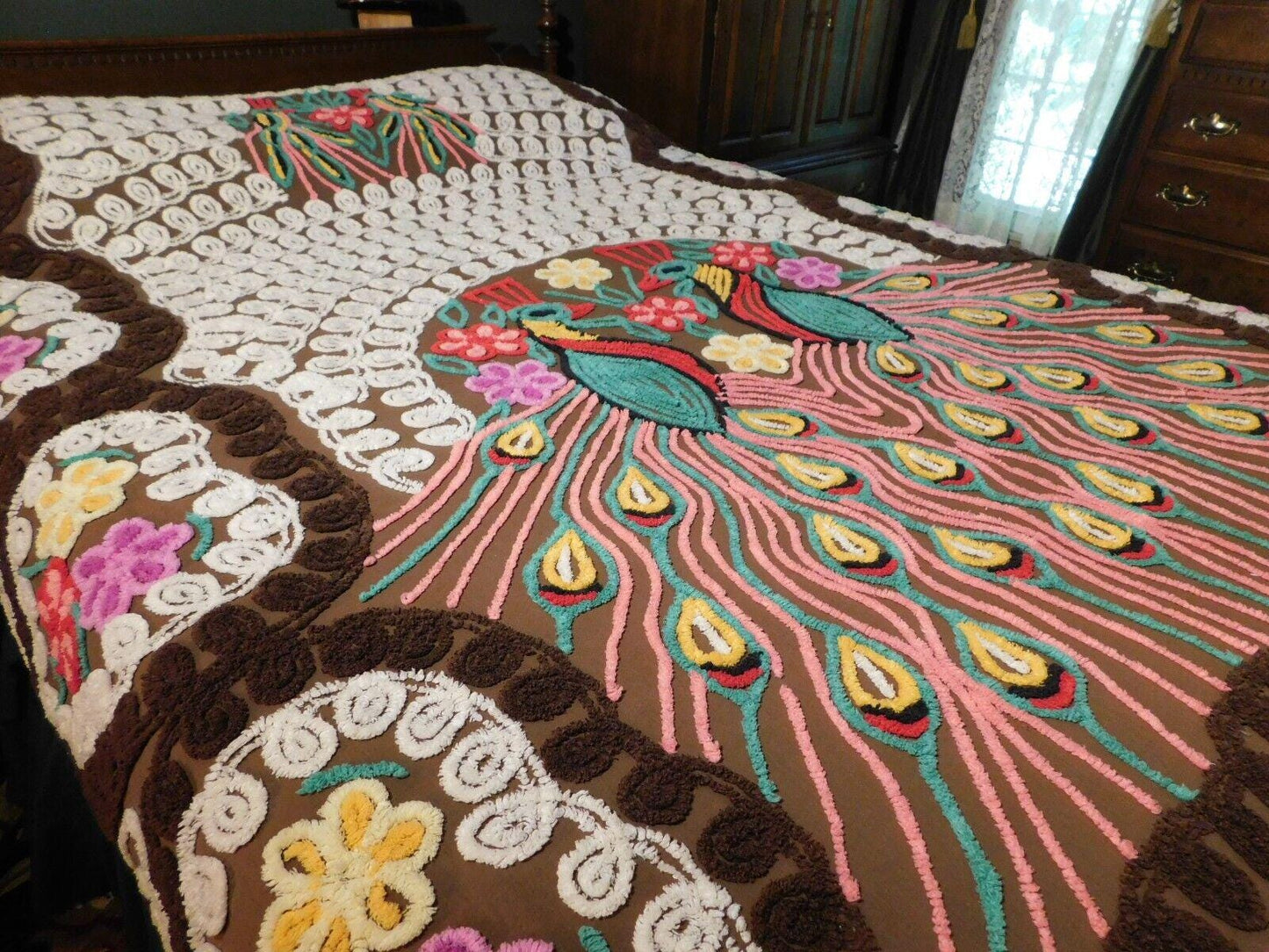 Iconic Vintage Peacock Chenille Bedspread, Rainbow Lovebirds & Hearts, FULL Size