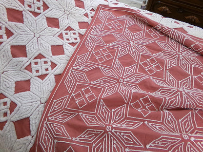 Modern Boho Terracotta Chenille Bedspread, Rustic Eight Point Star Vintage Quilt Style Design, Full Size Country Bedding