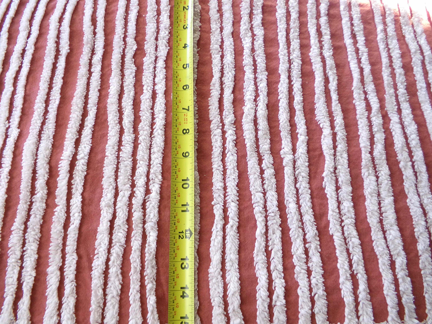 Terracotta & White Striped Vintage Chenille Fabric, Double Stripe Design, 15" x 28" inch piece of Boho Sewing Material for Quilts, Crafts