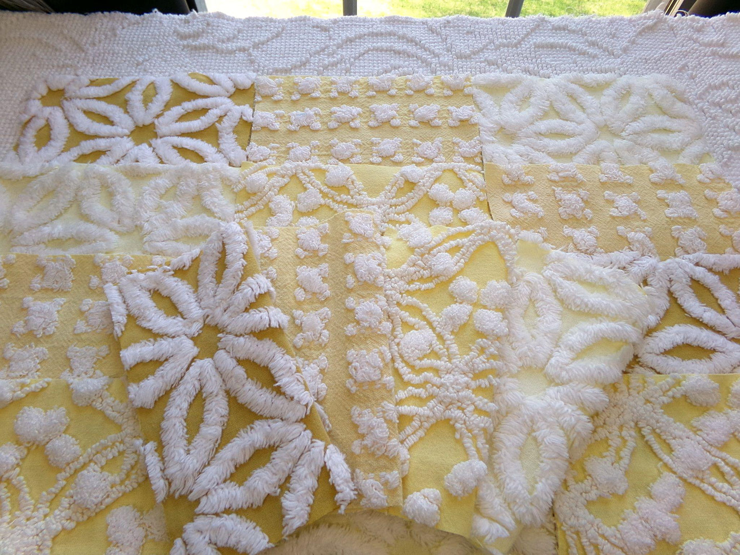 boho sunshine chenille fabric squares, set of 16 vintage quilt blocks 6" ea, natural sunrise yellow, white rosebud, golden harvest daisy