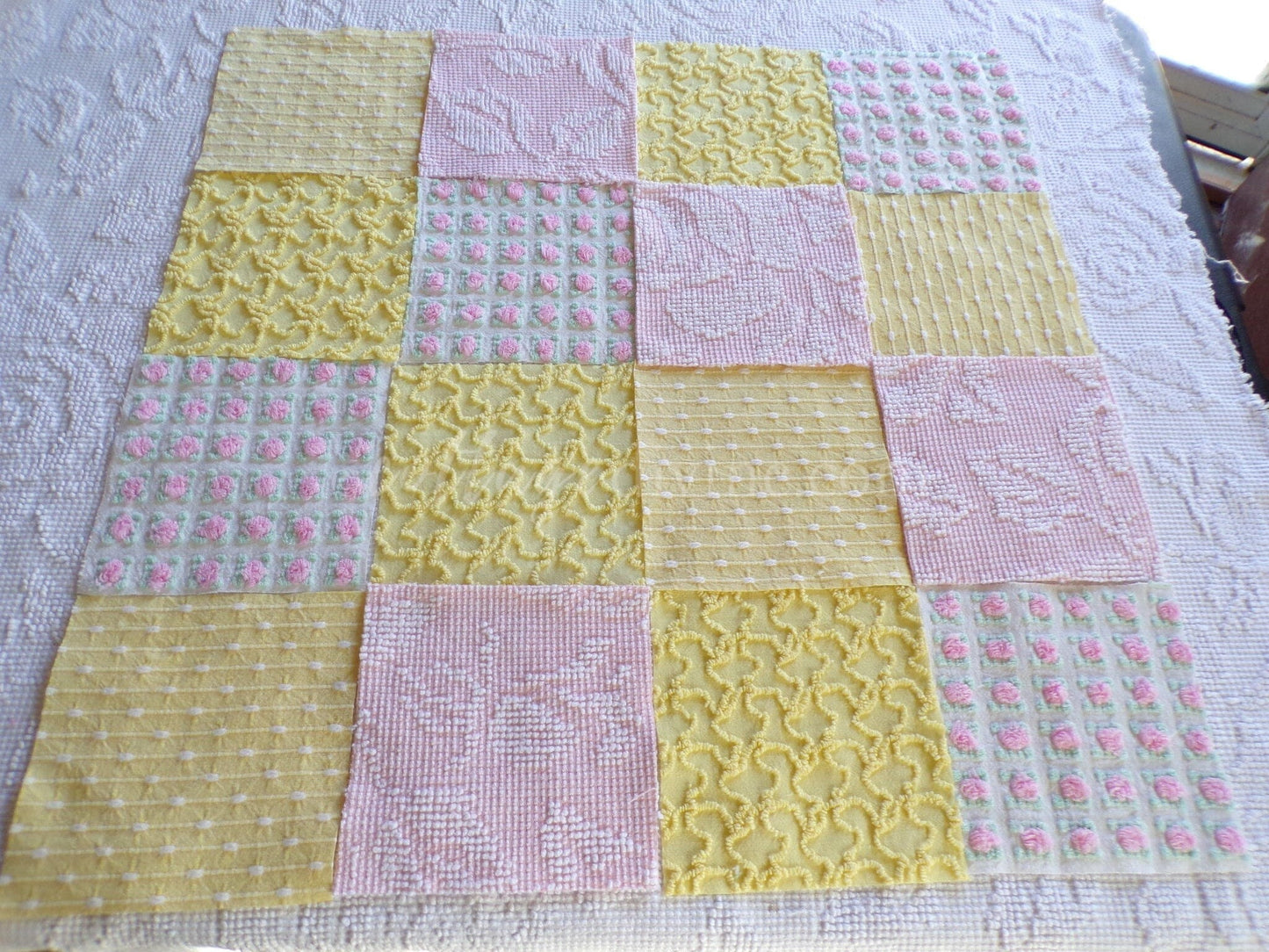 Spring Sunshine Chenille Quilt Squares Set from Vintage Bedspread Fabric, 16 Blocks, 6" x 6" inch