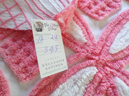 Super Plush Pink & White Chenille Fabric, 18" x 24"-inch Piece, Geometric Print, Vintage 100% Cotton