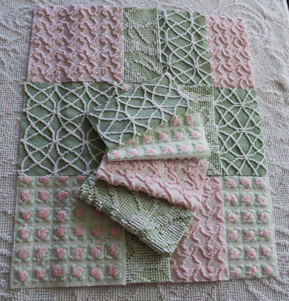 rosy romance chenille fabric squares, set of 16 vintage quilt blocks 6" inches ea, squiggle, hobnail, rosebud texture in jade & pink rose