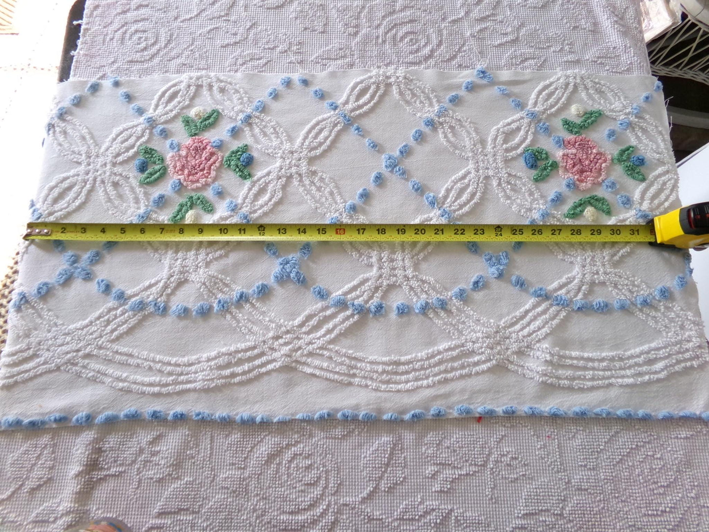 beach cottage fabric, cut from vintage chenille bedspread, 18" x 34" piece with 2 floral motifs, ideal for quilting & sewing