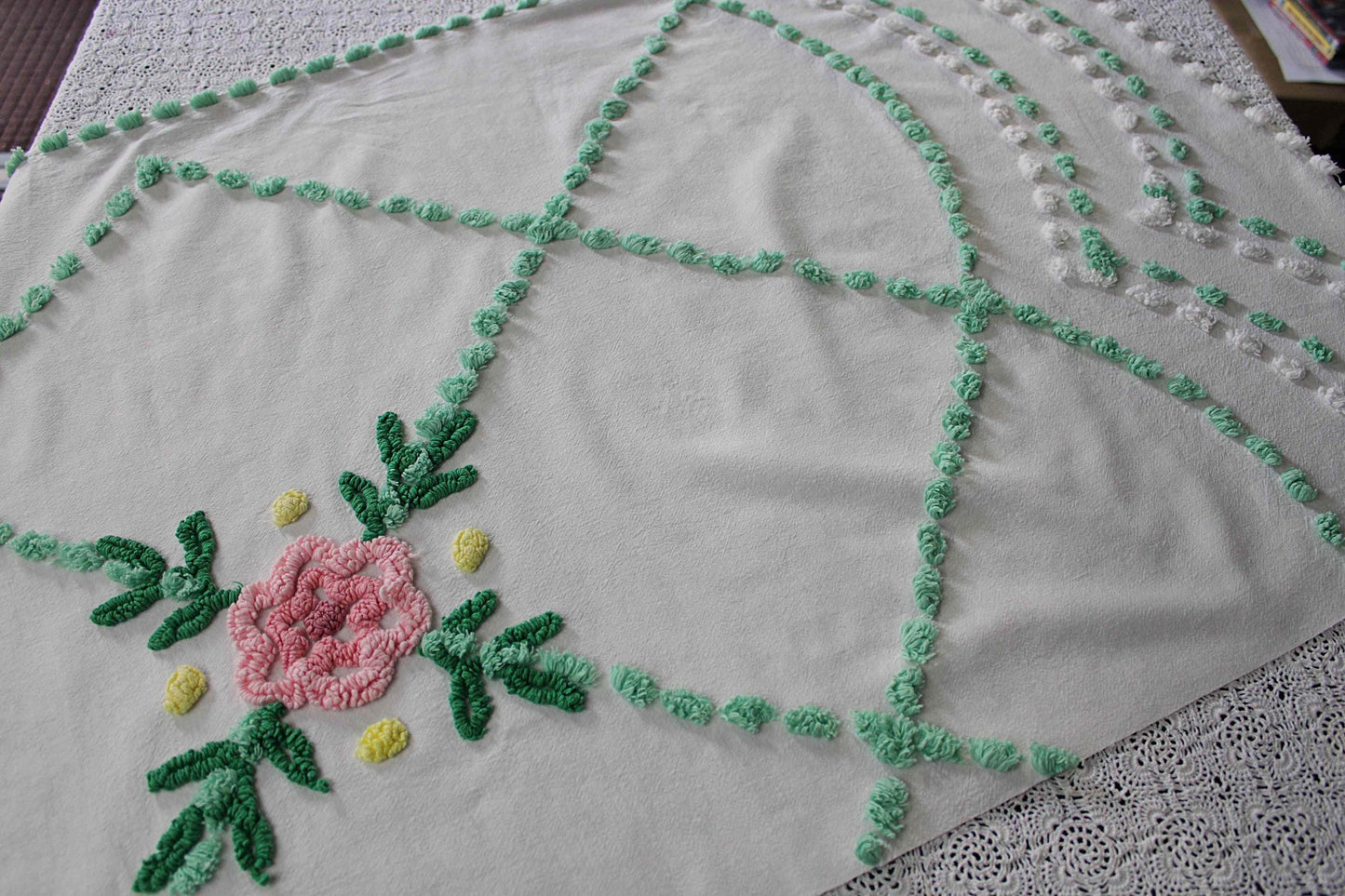 simple floral vintage chenille fabric, 32" x 23" cut piece, jadeite & white pops with pink rose flower, lightweight cotton