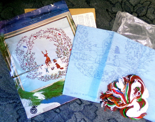 WOODLAND WATCH Vintage Crewel Embroidery Kit, Whimsical Winter Wonderland Nature Scene, Paragon Needlecraft 0615, Polly Gottfried