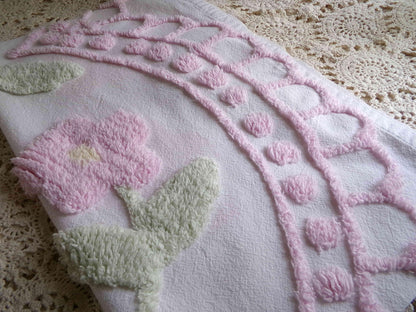 pink rose blooms chenille fabric, vintage style floral wreath quilt material, white 100% cotton, 15" x 18" piece for sewing