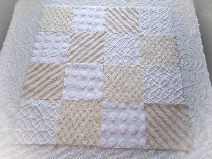 chic neutral chenille fabric squares, set of 16 vintage tan & white quilt blocks 6" ea, coin dot, geometric, infinity, for crafts, quilting