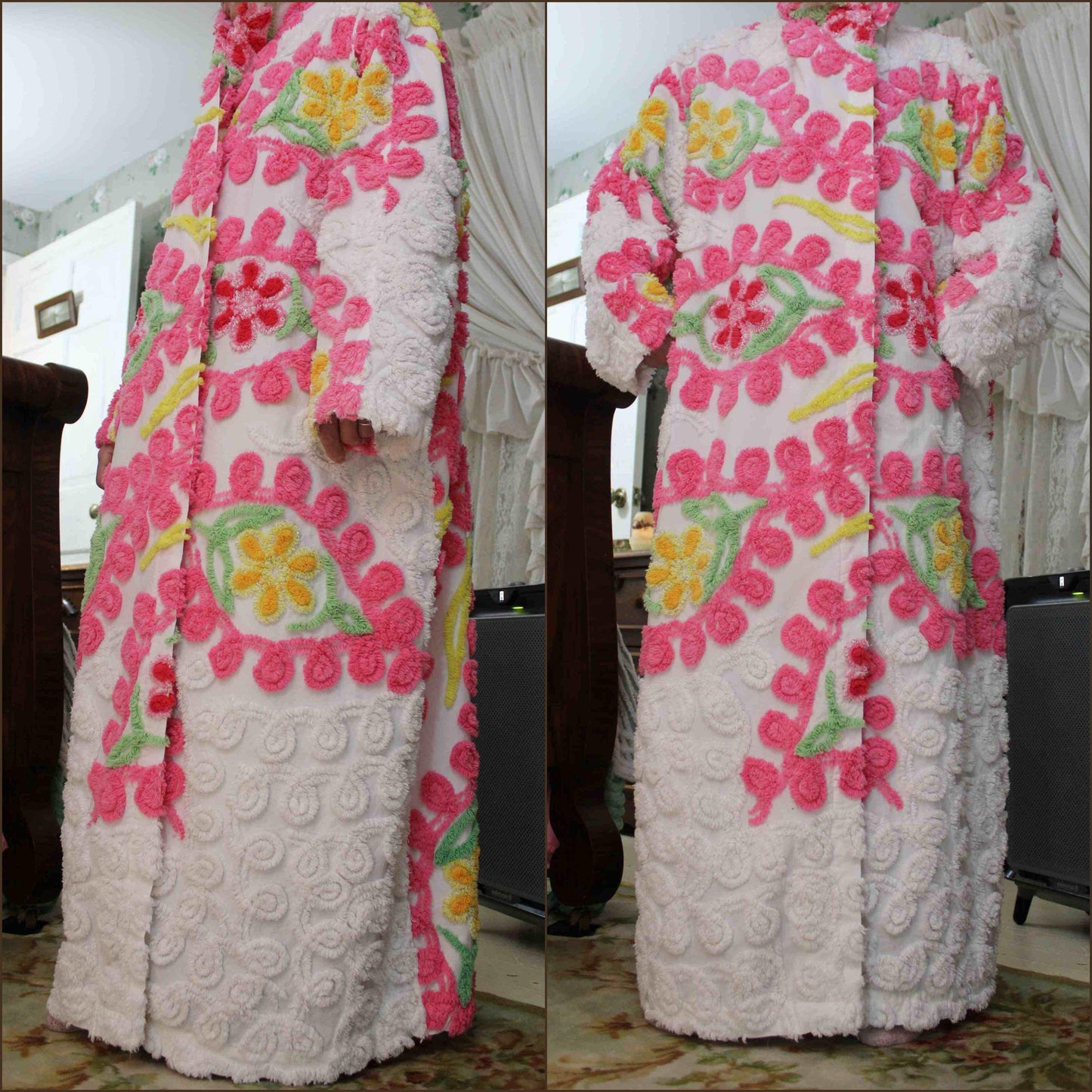 Pink Burst Chenille Robe with Sparkle Flowers, Medium / Large Hooded Vintage Style Women's Bathrobe
