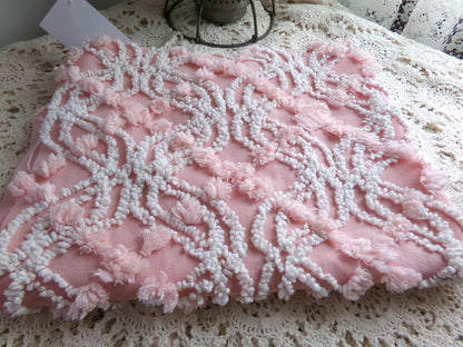 infinity tuft fabric textured pink & white, 18" x 24" piece from a vintage chenille bedspread, popular sewing quilt material