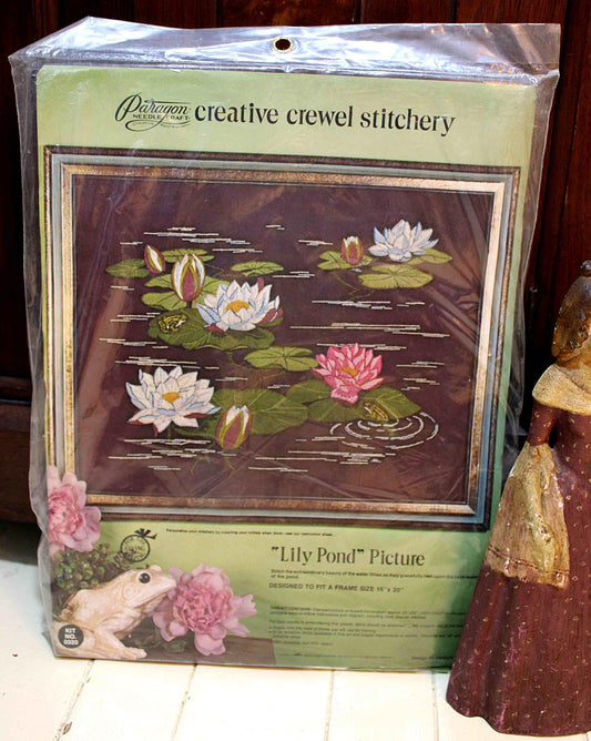 LILY POND Vintage Paragon Needlecraft CREWEL Embroidery Stitchery Kit #0320, Tranquil Water Lily Design by Georgia Ball