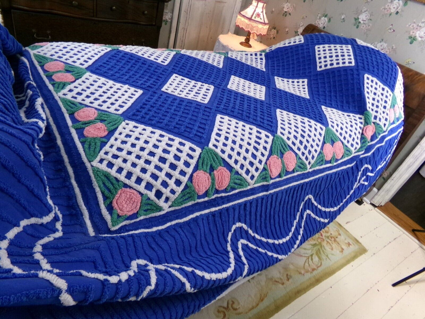 Regal Blue Vintage Chenille Bedspread, Pink Rosettes & White Waffle Tufts, Full Size