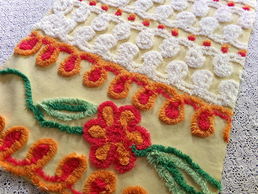 Fancy Fall Colors Vintage Chenille Fabric, 18" x 25" inch Piece, Plush Pumpkin Flower on Yellow, White Curlicues & Candycorn Sprinkle Puffs