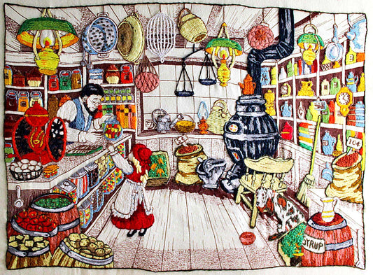 Old-Fashioned Country Store Crewel Embroidery Piece, "Penny Candy"" Completed Stitchery, Vintage Paragon Needlecraft, Outstanding Needlework