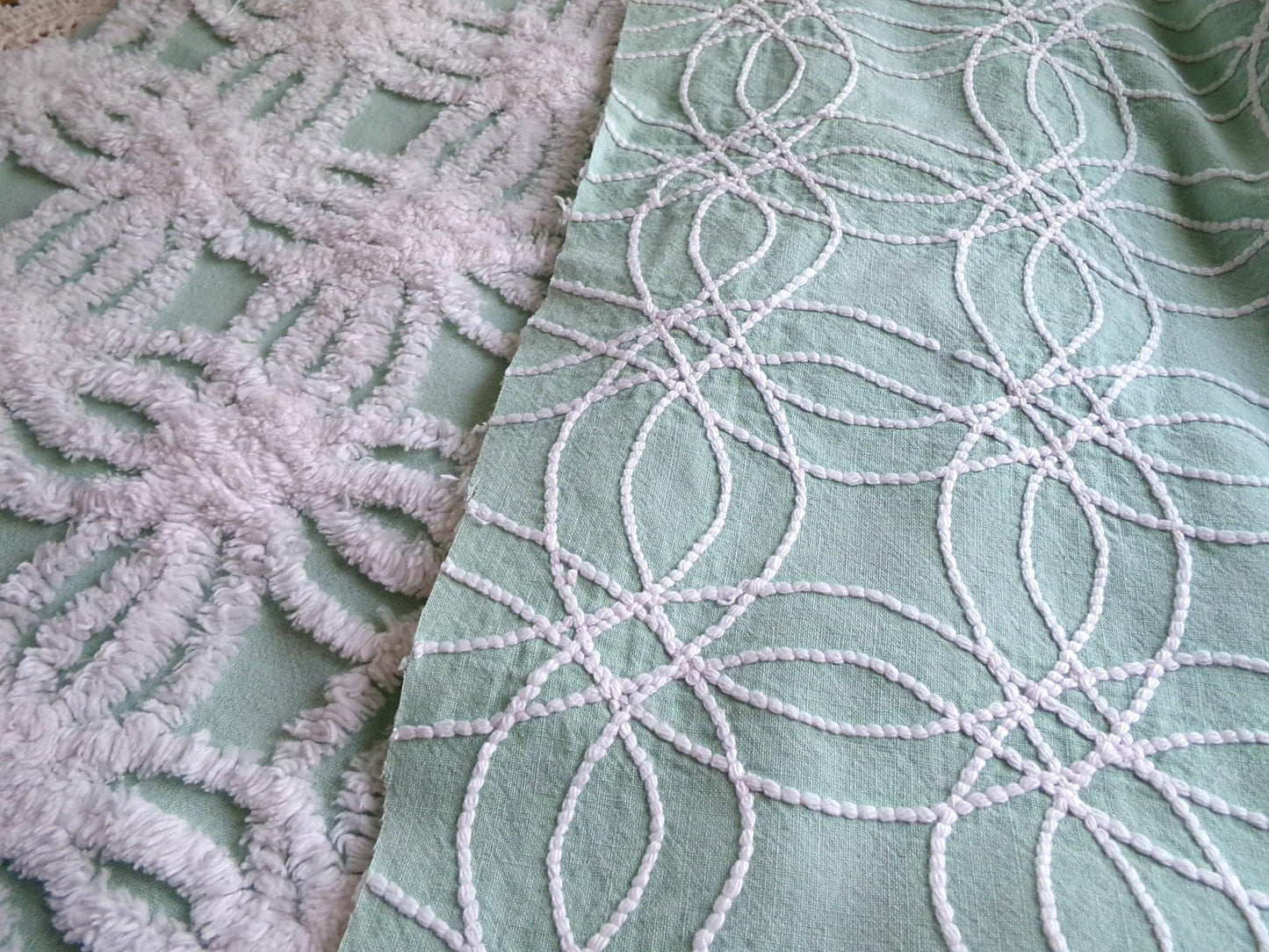 mint green chenille fabric, plush white wedding rings, 18" x 26" inch piece cut from vintage chenille bedspread