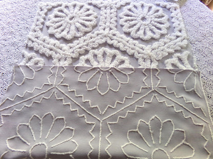 lavender mist cottage chic chenille fabric, plush white daisies, 17" x 26" piece of vintage sewing material for quilting, fiber arts