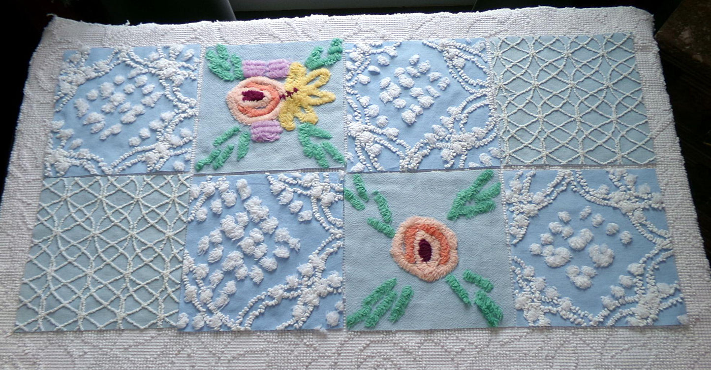 coastal wanderings chenille fabric squares, set of 8 vintage 7.5" quilt blocks, sky blue & white, for sewing, crafts, quilting