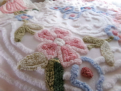 Dreamy Florals Vintage Chenille Material, 29" x 24" inch Fabric Piece, Beautifully Tufted Spring Flower Design on White Cotton