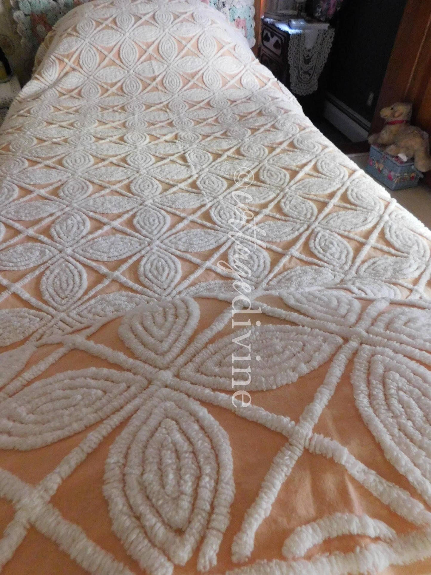 Spectacular Peach Bliss Large Floral Hofmann Vintage Chenille Bedspread, Full