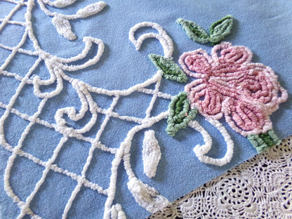 Romantic Pink Rose Vintage Chenille Fabric, 18" x 22" inch Piece, Blue Cotton Bkgd, Pretty for Pillow Covers or Quilting