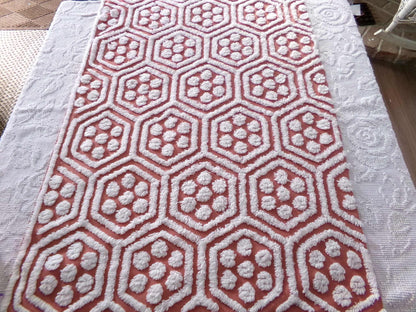 Hippie Hexagon Reversible Vintage Chenille Fabric, Sewing Quilting Material in Boho Style Terracotta & White, 22.5" x 30" inch Piece