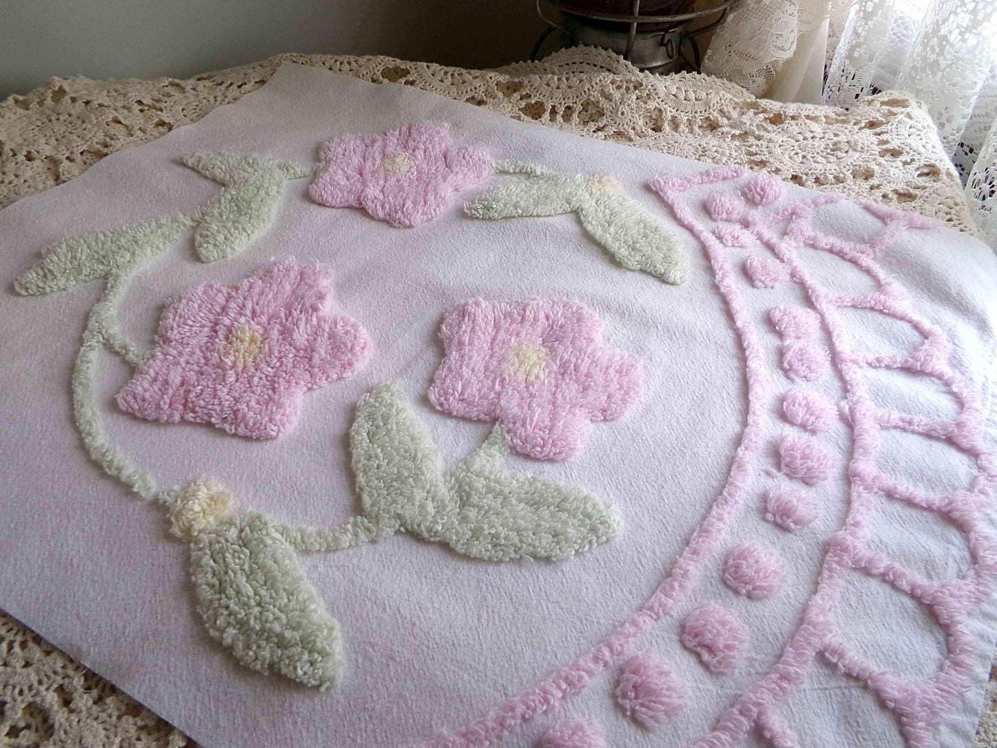 pink rose blooms chenille fabric, vintage style floral wreath quilt material, white 100% cotton, 15" x 18" piece for sewing