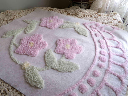 pink rose blooms chenille fabric, vintage style floral wreath quilt material, white 100% cotton, 15" x 18" piece for sewing