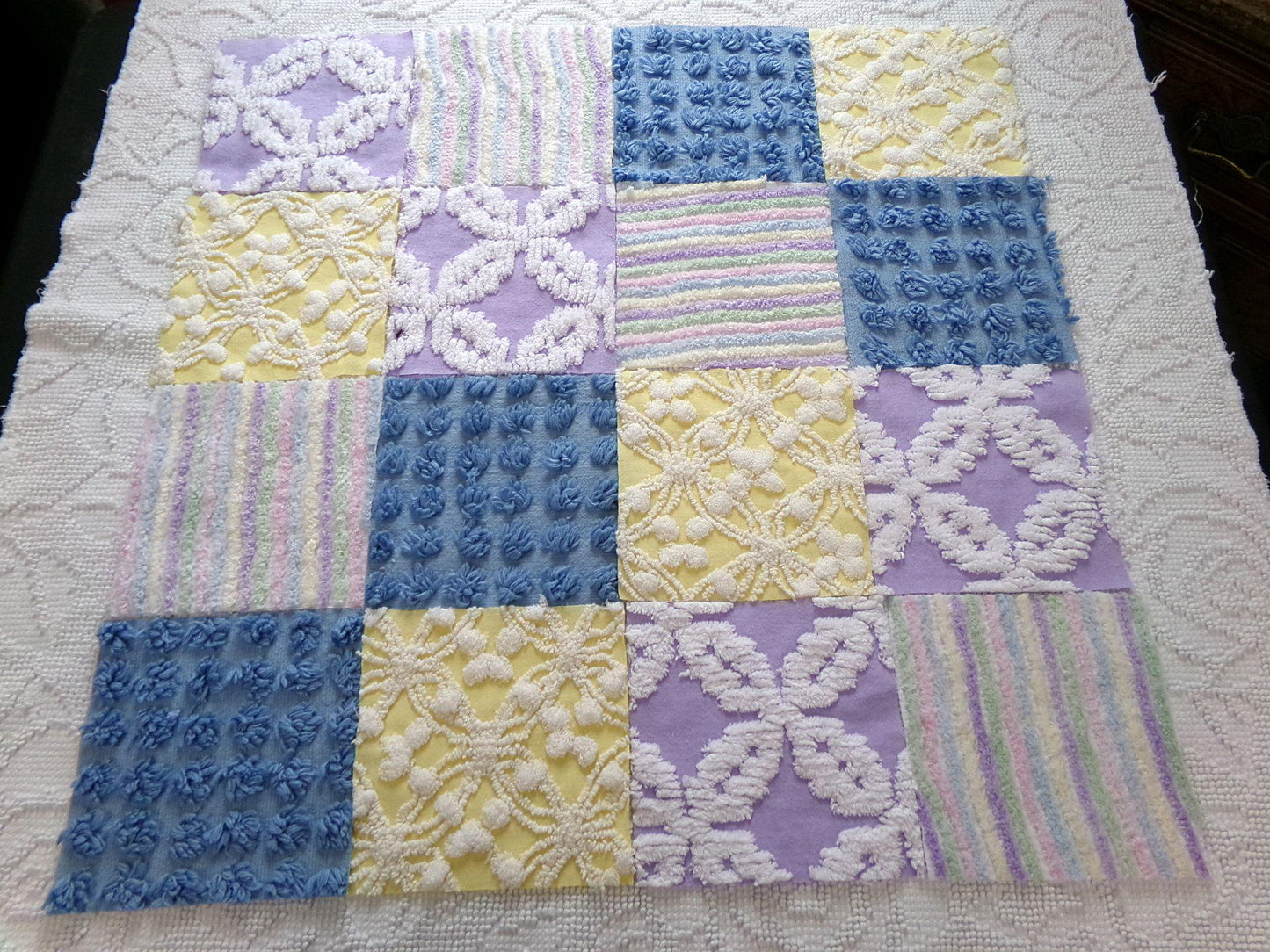 over the rainbow chenille fabric squares, set of 16 vintage quilt blocks 6" inches ea, dreamy serene blue, sunny yellow, soft lilac