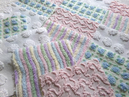fairy fantasy chenille fabric squares, 16 vintage 6" quilt blocks in pastel rainbow, pink & blue rosebud, for sewing, crafts, fiber arts