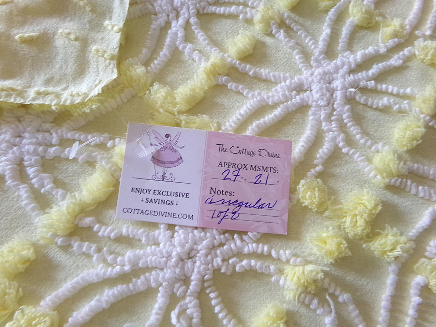springtime yellow & white chenille fabric, vintage 27" x 21" inch piece of quilt material with fluffy pops, needletuft spider rings