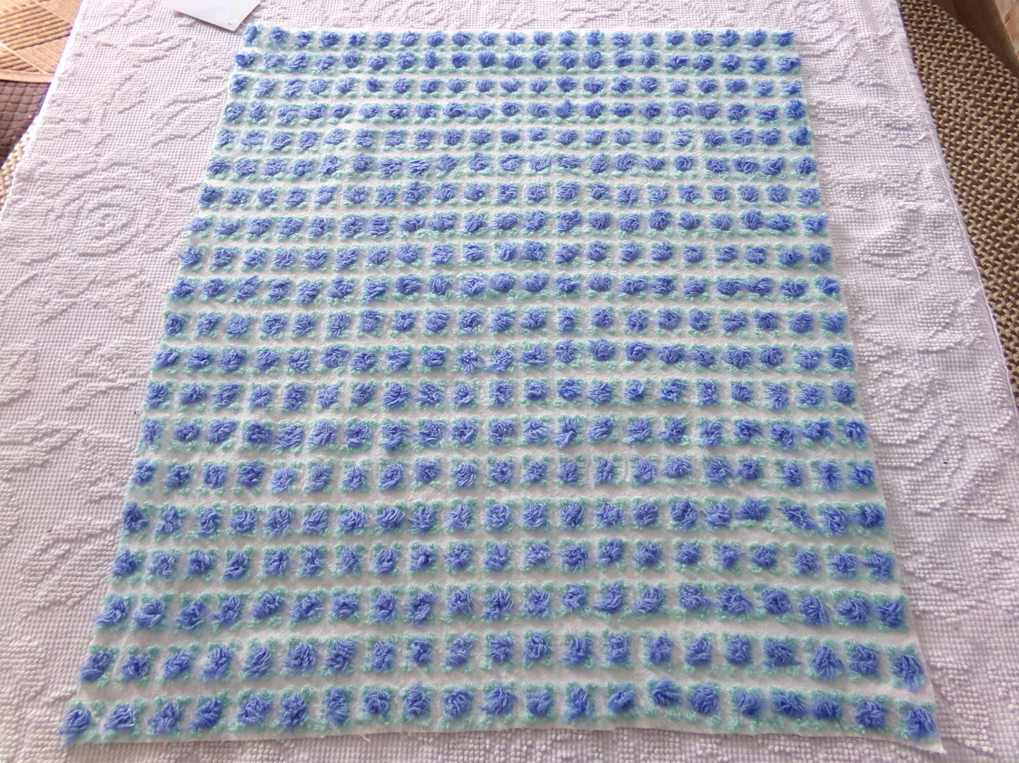 periwinkle blue rosebud chenille fabric, 20" x 24" inch piece cut from NOS vintage chenille bedspread, lovely blue roses quilt material