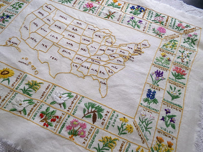 Vintage Embroidery Sampler 50 United States Flowers USA Map Heirloom Piece on 100% Belgian Linen, Paragon Stitchery, Completed, Unframed