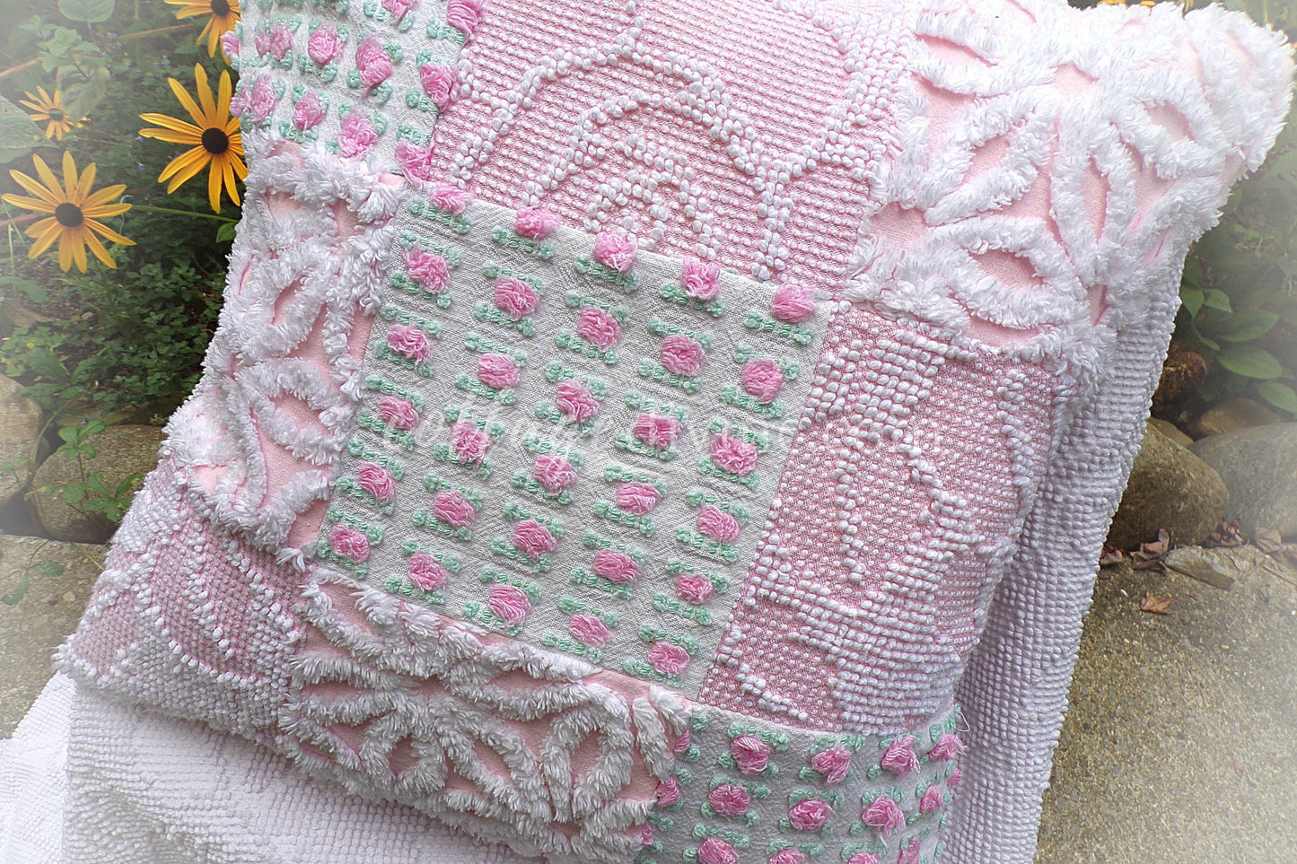 Cottage Fantasy Chenille Pillow Cover 16" x 16" inch Square, REVERSIBLE Patchwork Pink Accent Pillow from Vintage Chenille Bedspread Fabric