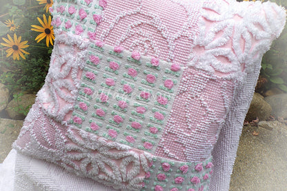 Cottage Fantasy Chenille Pillow Cover 16" x 16" inch Square, REVERSIBLE Patchwork Pink Accent Pillow from Vintage Chenille Bedspread Fabric