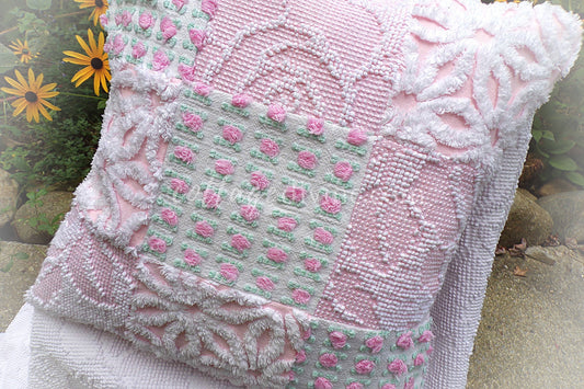 Cottage Fantasy Chenille Pillow Cover 16" x 16" inch Square, REVERSIBLE Patchwork Pink Accent Pillow from Vintage Chenille Bedspread Fabric