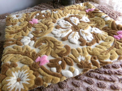 lux caramel chocolate cut velvet fabric, vintage Bates tapestry chenille, 12" x 21" inch piece, ideal sewing material for small bags