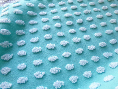 nubby elongated pops vintage chenille fabric, shabby unique 18" x 24" cut piece, white dots on aqua teal lightweight cotton