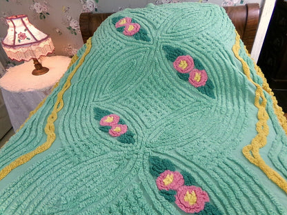 Vintage gold & green chenille bedspread, pink roses, attached ruffle skirt, twin sz